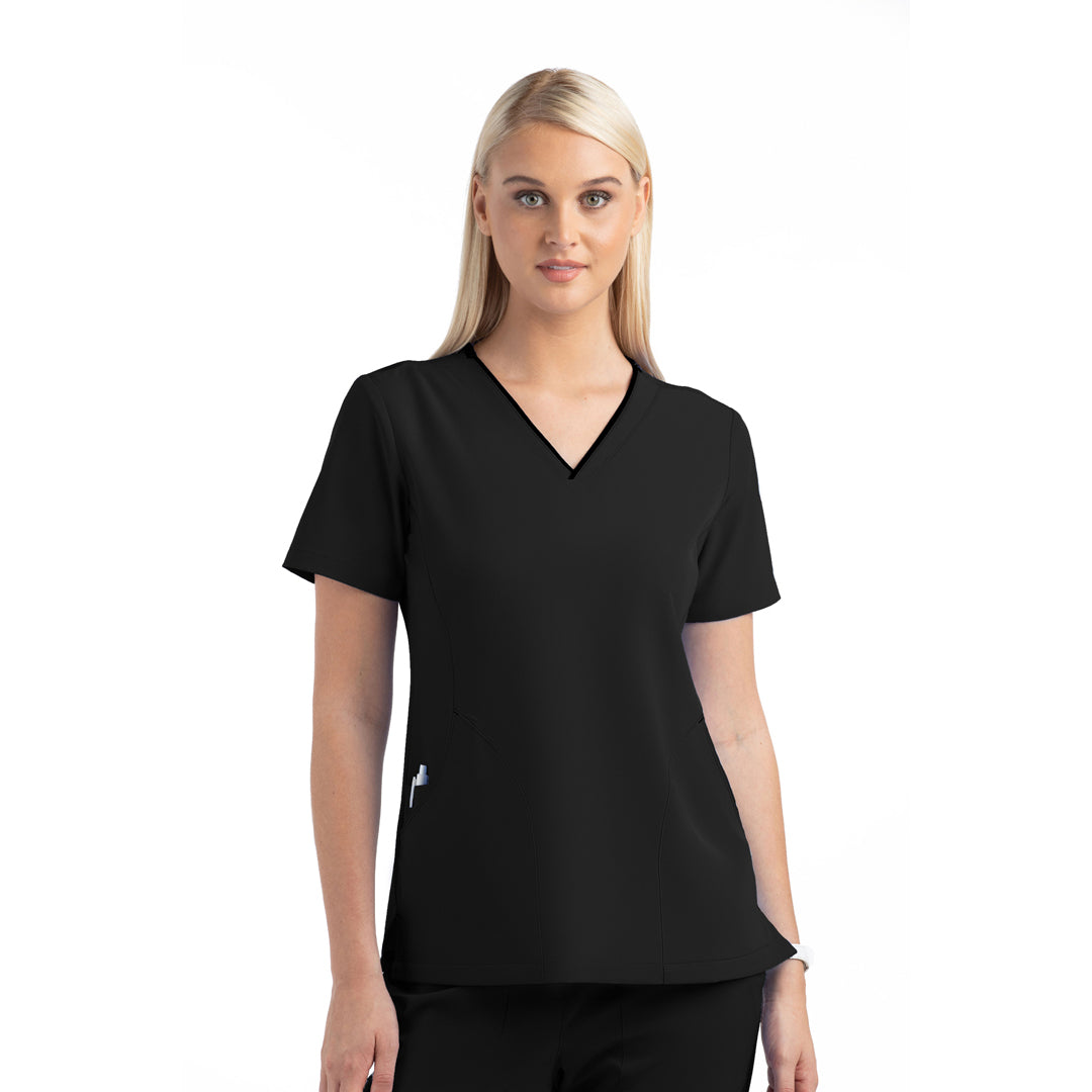 House of Uniforms The Matrix Impulse Contrast Curved Scrub Top | Ladies Maevn Black