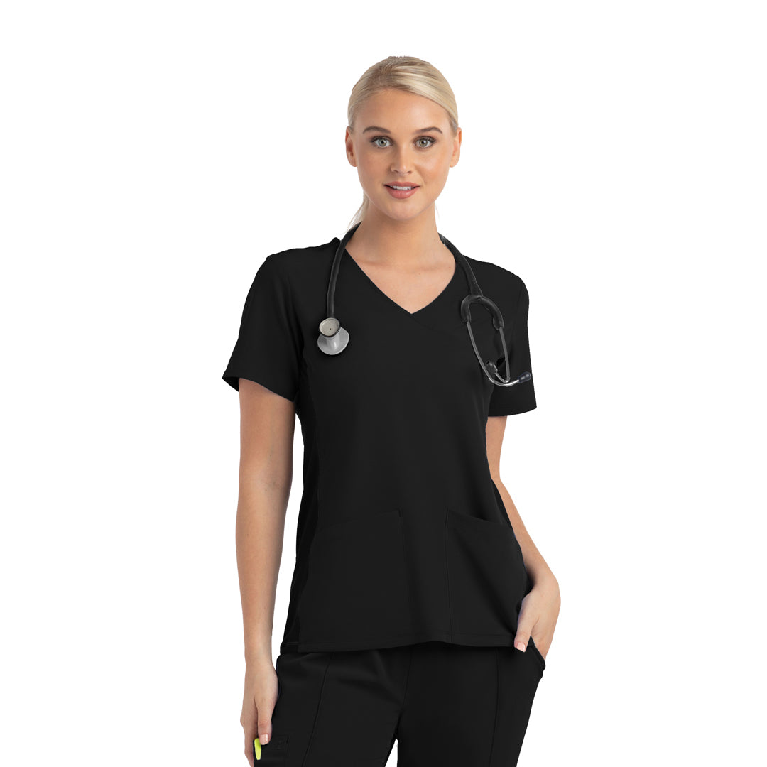 House of Uniforms The Matrix Impulse Contrast Knit Panel Scrub Top | Ladies Maevn Black