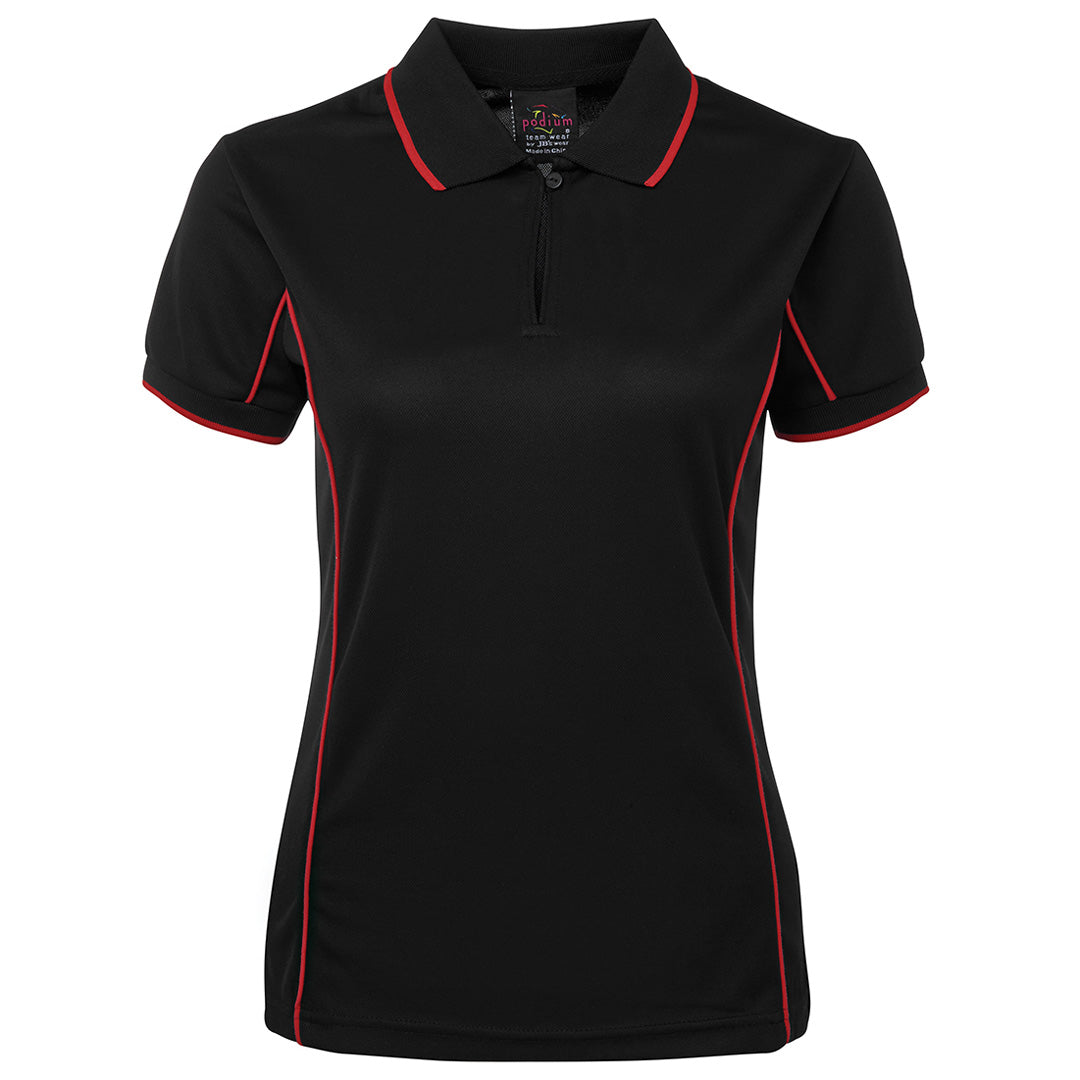 House of Uniforms The Piping Polo | Short Sleeve | Black Base | Ladies Jbs Wear Black/Red