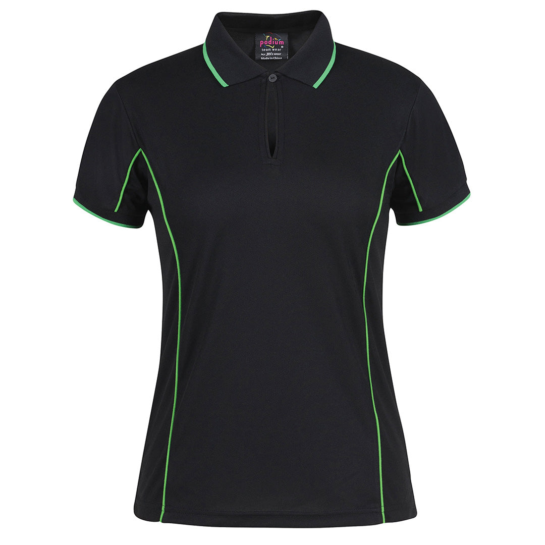 House of Uniforms The Piping Polo | Short Sleeve | Black Base | Ladies Jbs Wear Black/Pea Green
