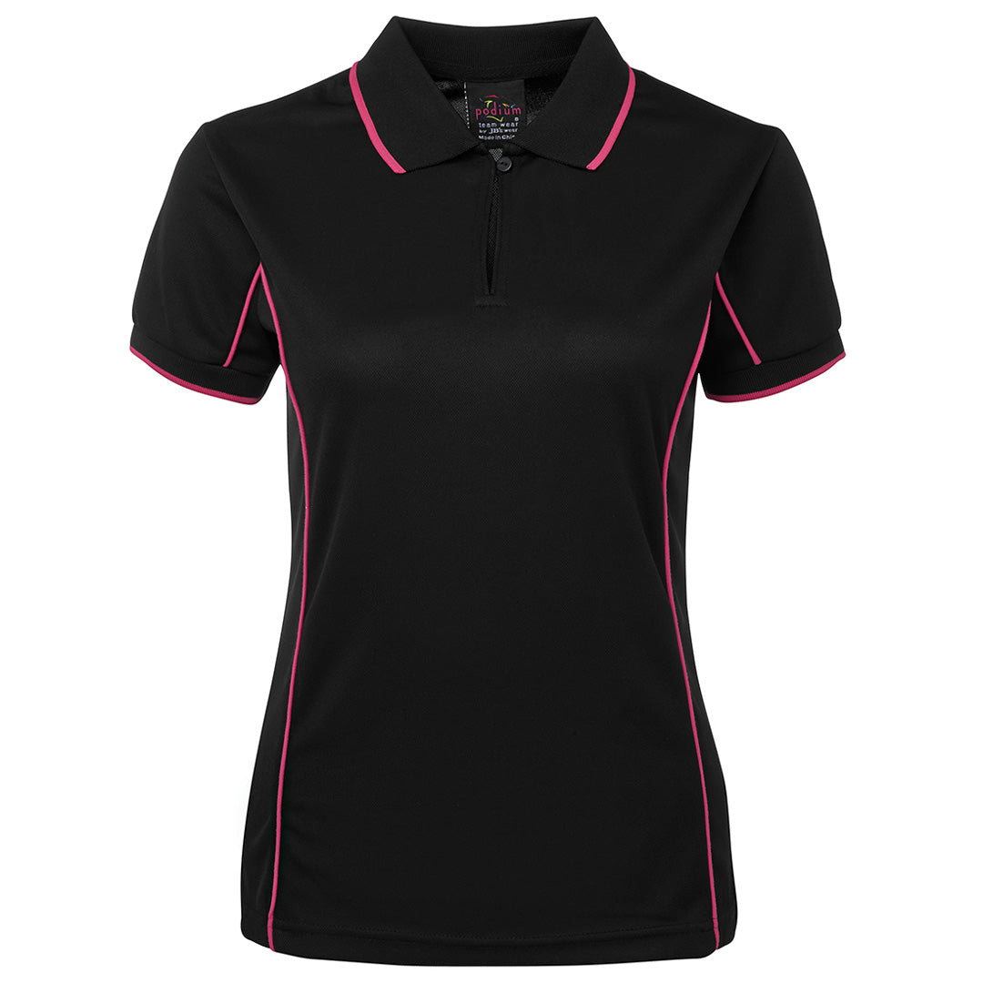House of Uniforms The Piping Polo | Short Sleeve | Black Base | Ladies Jbs Wear Black/Pink