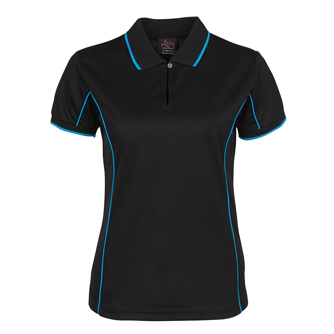 House of Uniforms The Piping Polo | Short Sleeve | Black Base | Ladies Jbs Wear Black/Aqua