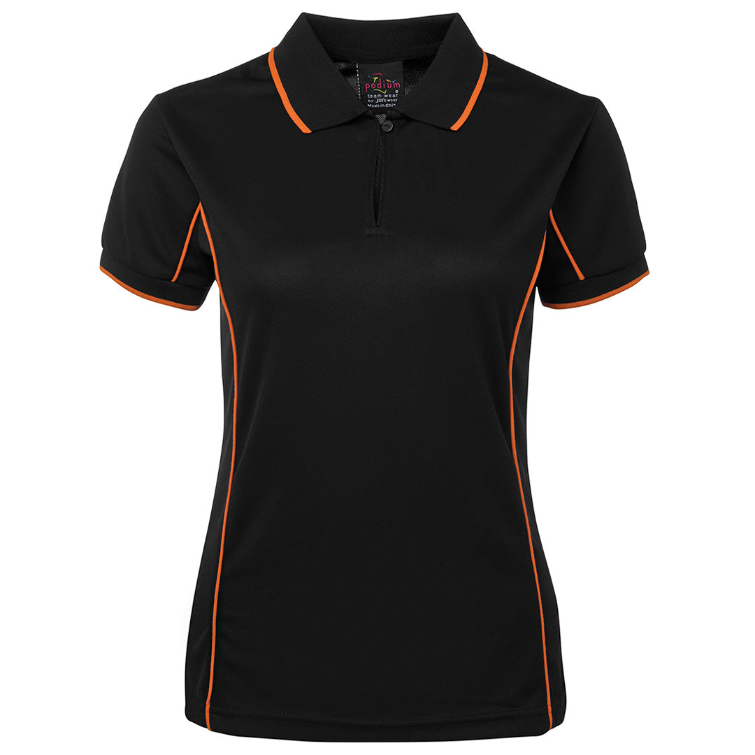House of Uniforms The Piping Polo | Short Sleeve | Black Base | Ladies Jbs Wear Black/Orange