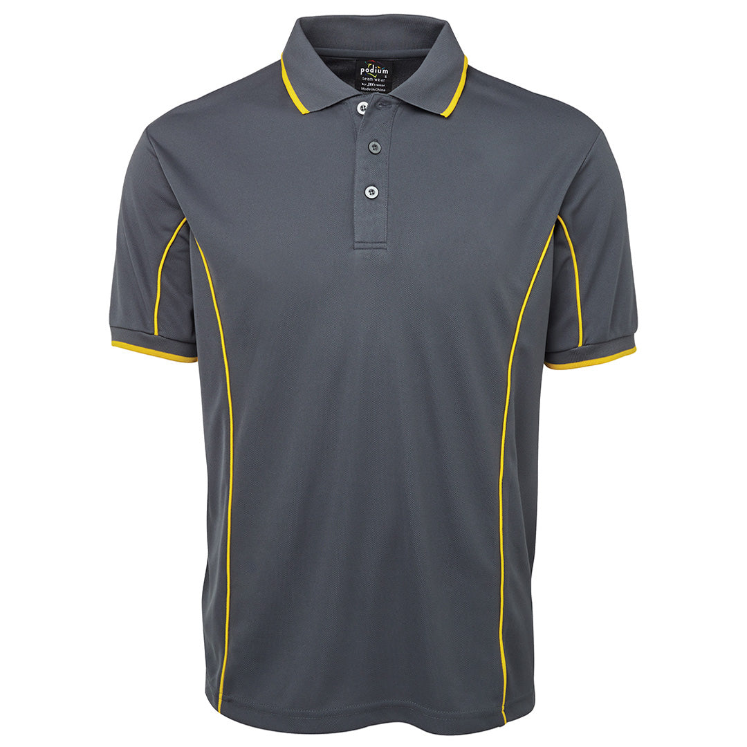 House of Uniforms The Piping Polo | Short Sleeve | Grey Base | Adults Jbs Wear Grey/Yellow