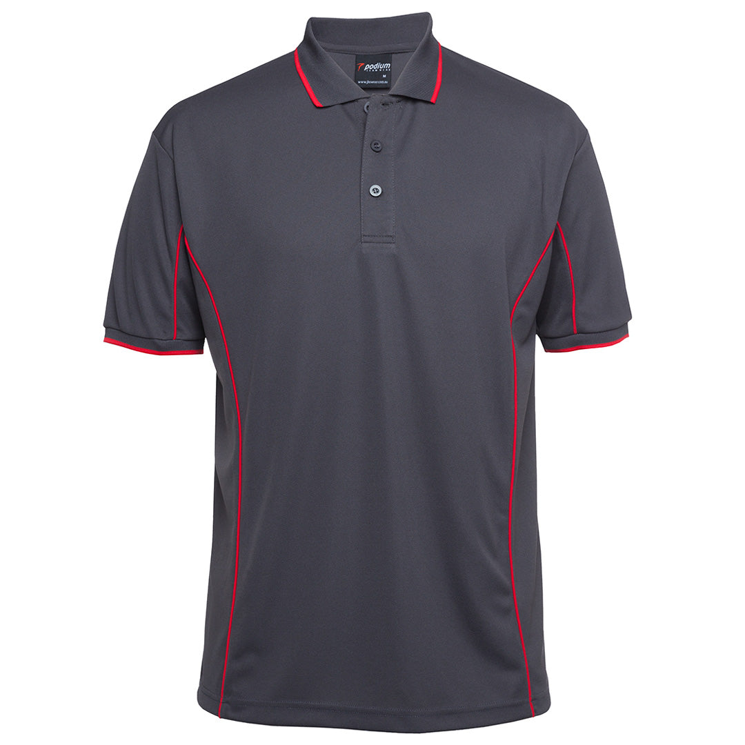House of Uniforms The Piping Polo | Short Sleeve | Grey Base | Adults Jbs Wear Charcoal/Red