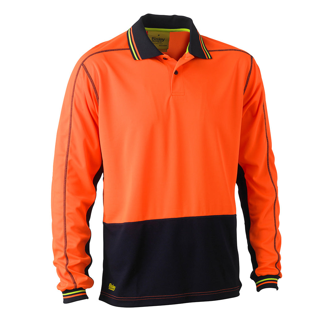 House of Uniforms The Hi Vis Polyester Mesh Polo | Long Sleeve | Mens Bisley Orange/Navy