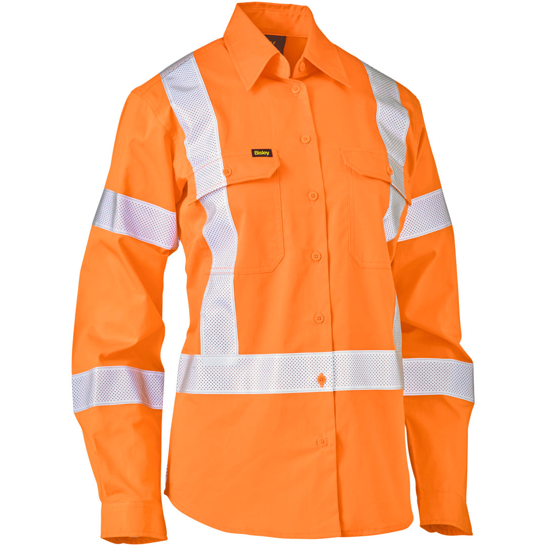 House of Uniforms The Hi Vis X Taped Shirt | Day Night | Long Sleeve | Ladies Bisley Orange