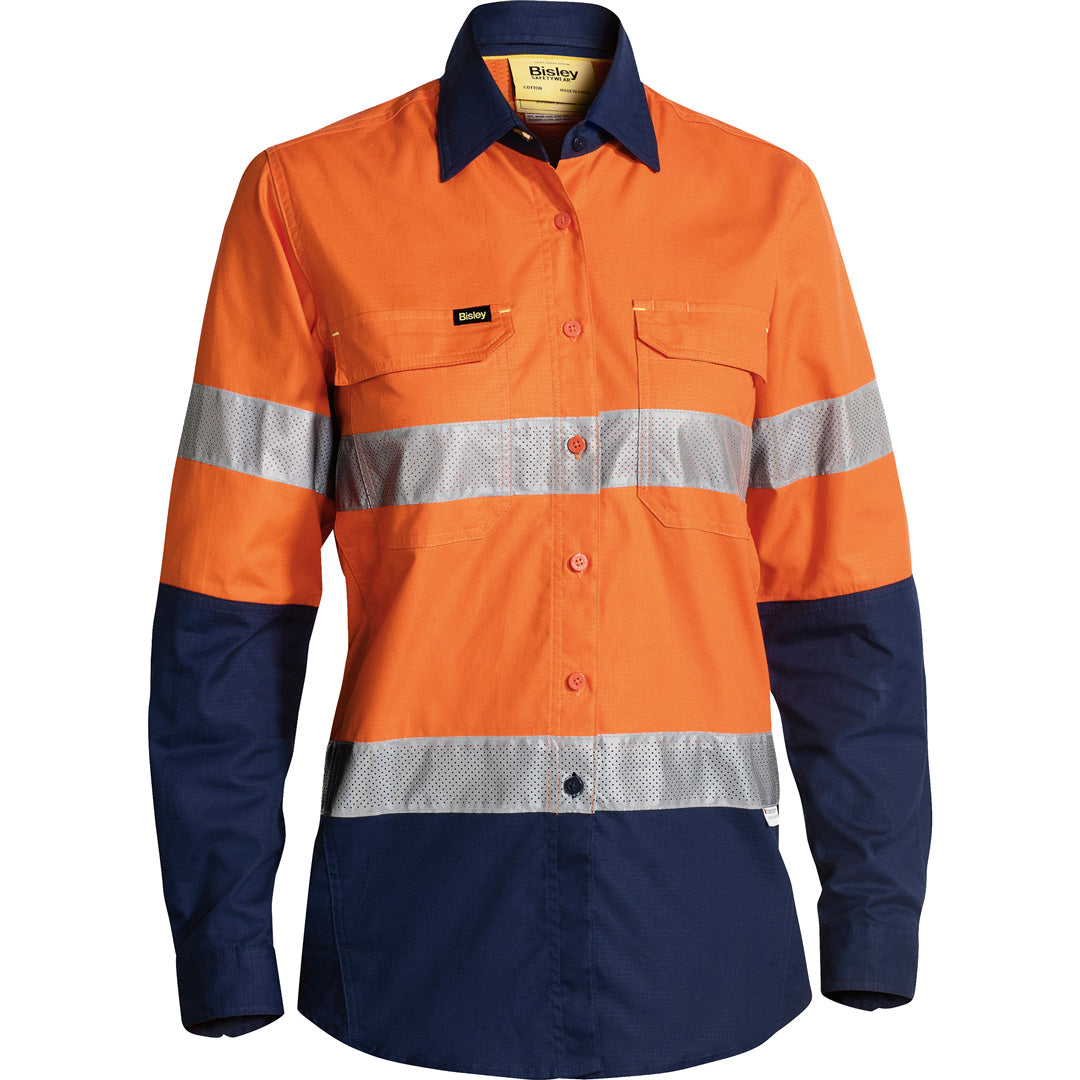 House of Uniforms The X Flow Hi Vis Drill Shirt | Day Night | Long Sleeve | Ladies Bisley Orange/Navy