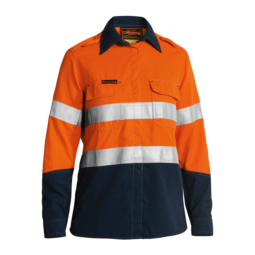 House of Uniforms The Taped Hi Vis Plus Flame Resistant Shirt | Long Sleeve | Ladies Bisley Orange/Navy
