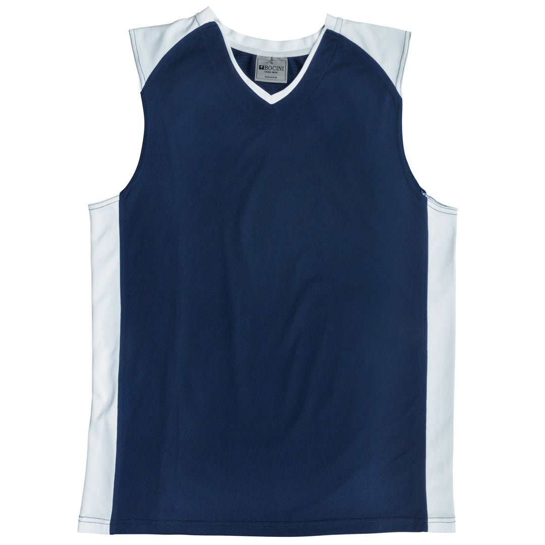 House of Uniforms The Contrast Basketball Singlet | Kids Bocini Navy/White