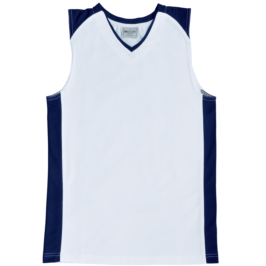 House of Uniforms The Contrast Basketball Singlet | Kids Bocini White/Navy