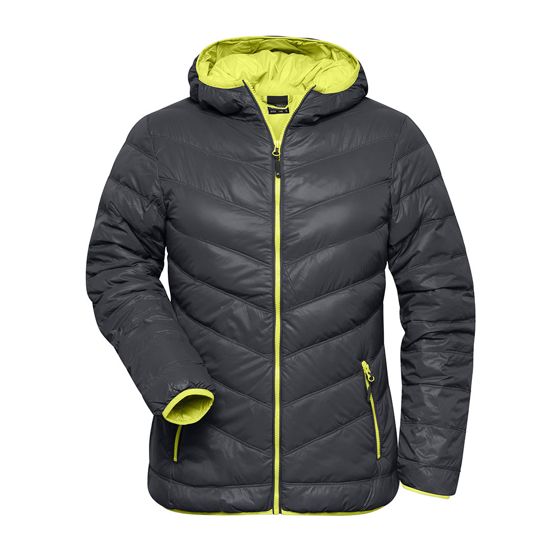House of Uniforms The Ultra Light Down Jacket | Ladies James & Nicholson Carbon/Yellow