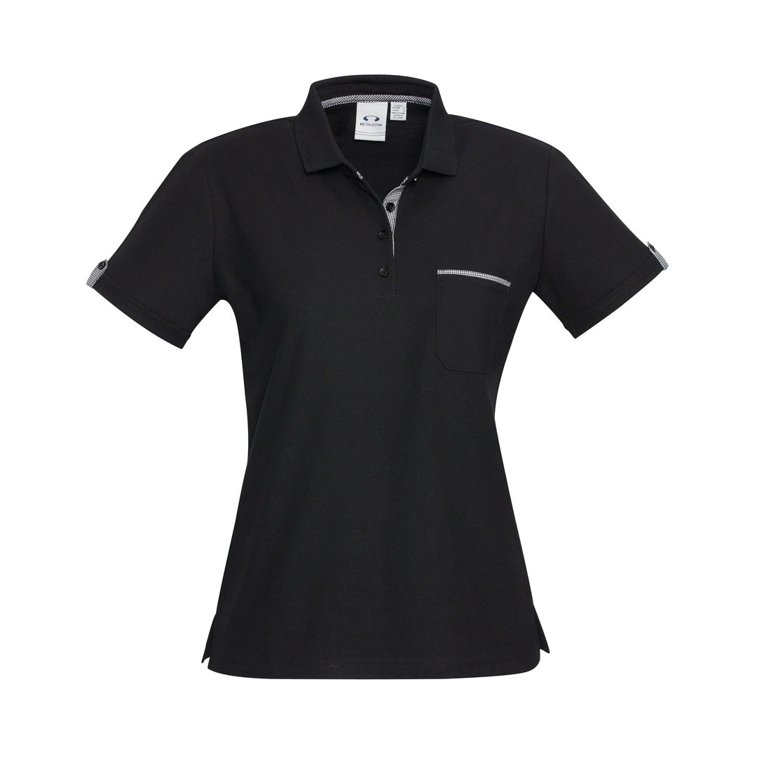 House of Uniforms The Edge Polo | Ladies | Short Sleeve Clerance Biz Collection Black/Check Trim