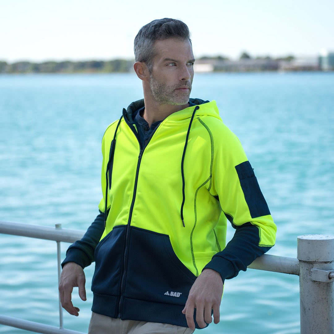 House of Uniforms The Bad Waterproof Rain Defend Hi Vis Fleece Hoodie | Full Zip Bad Workwear