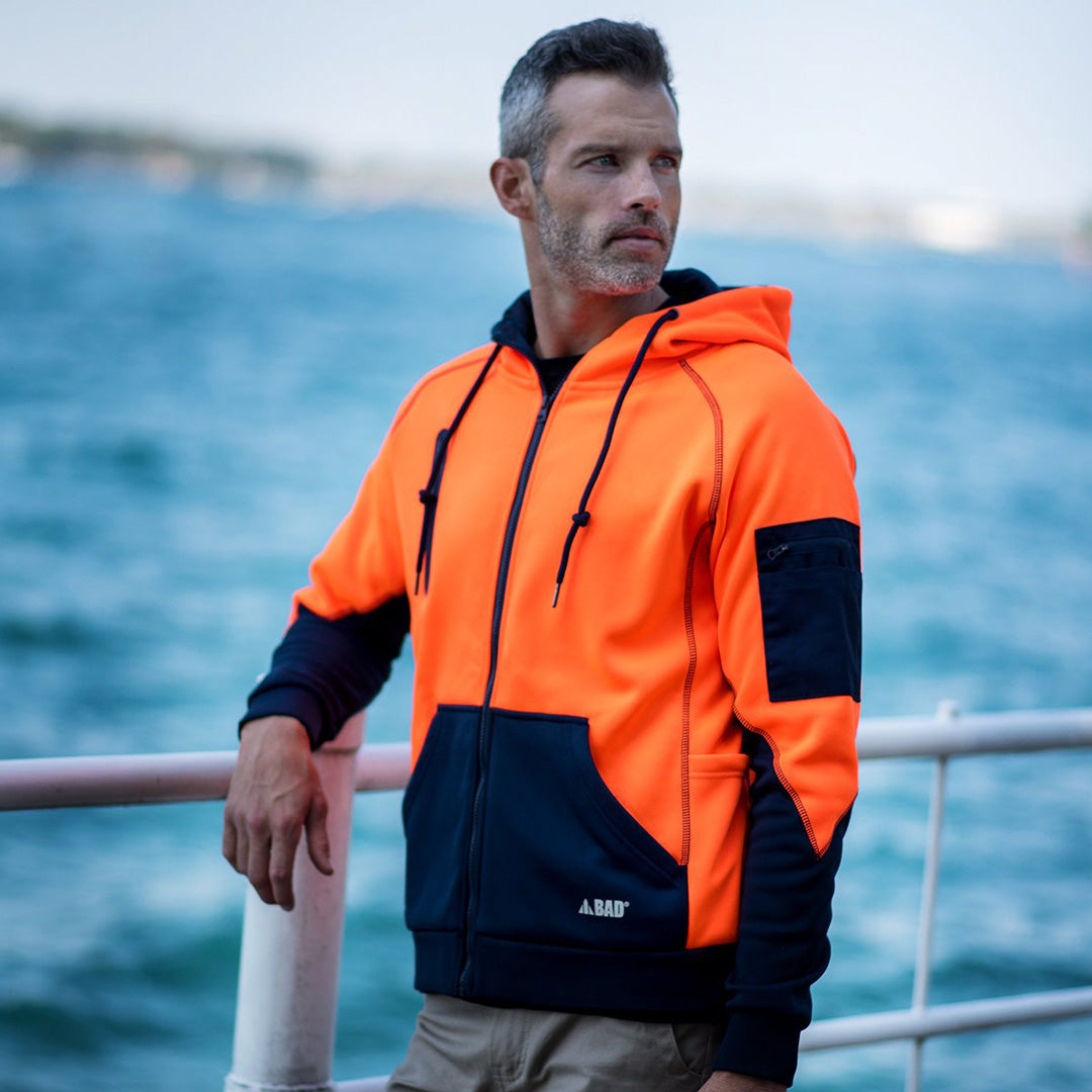 House of Uniforms The Bad Waterproof Rain Defend Hi Vis Fleece Hoodie | Full Zip Bad Workwear