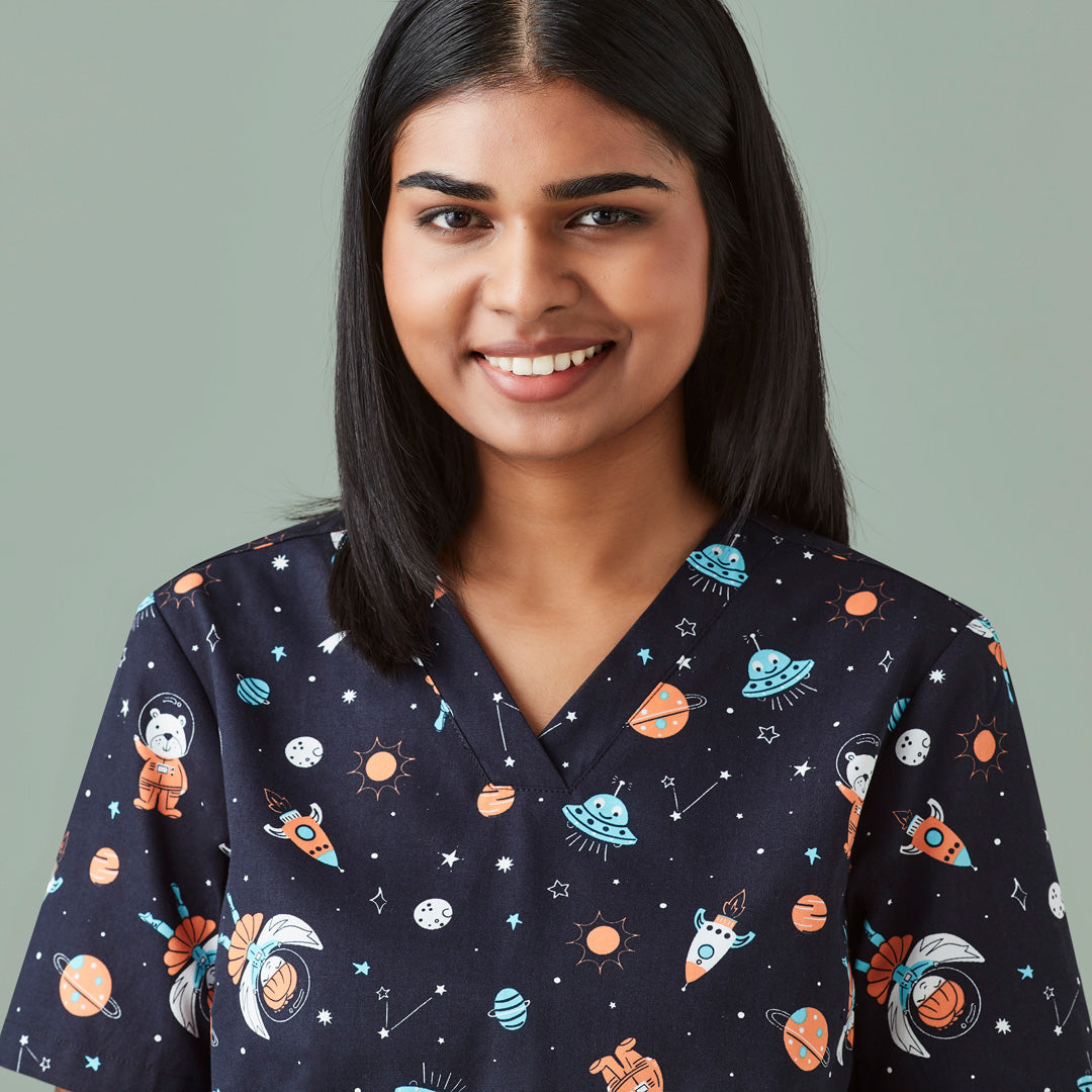 House of Uniforms The Space Party Printed Scrub Top | Ladies Biz Care 