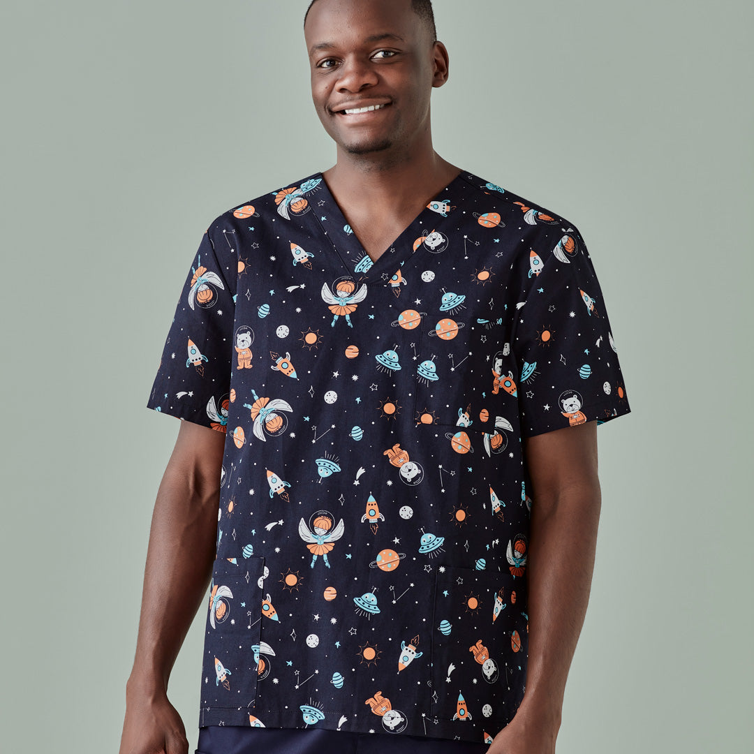 House of Uniforms The Space Party Printed Scrub Top | Mens Biz Care