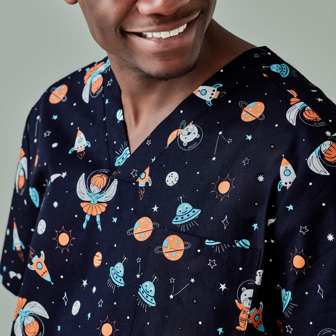 House of Uniforms The Space Party Printed Scrub Top | Mens Biz Care