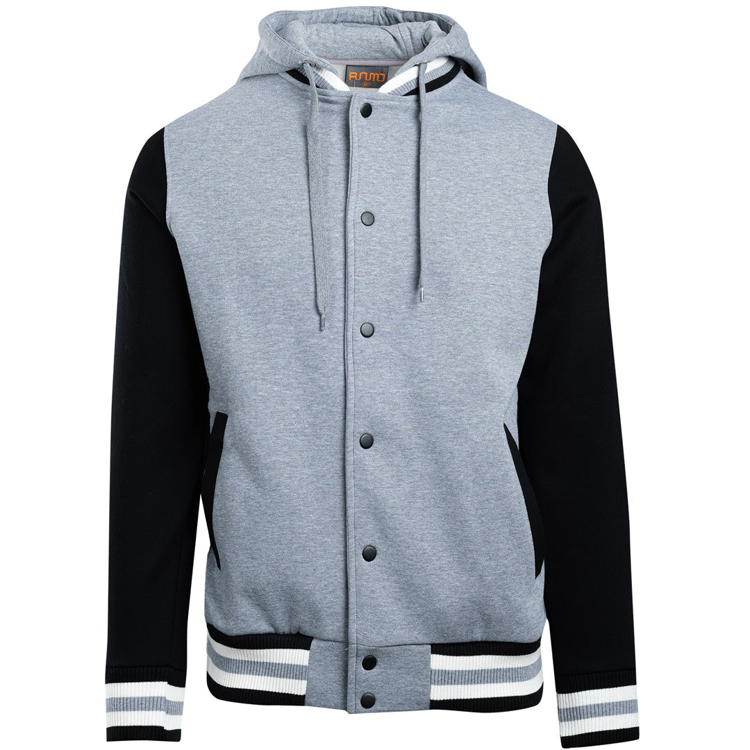 House of Uniforms The Hooded Varsity Jacket | Mens Ramo Grey Marle/Black