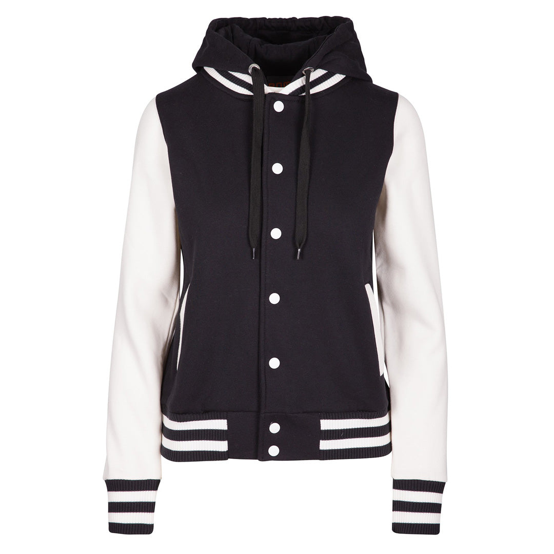 House of Uniforms The Hooded Varsity Jacket | Ladies Ramo Black/White