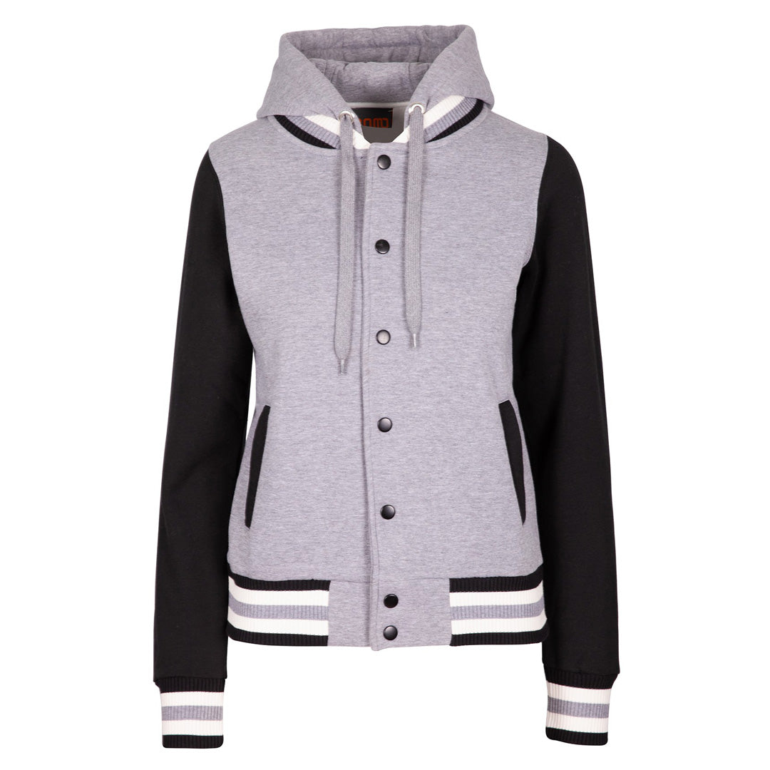 House of Uniforms The Hooded Varsity Jacket | Ladies Ramo Grey Marle/Black