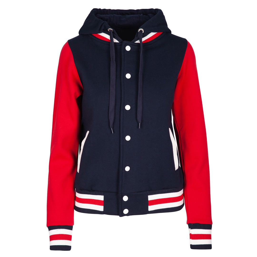 House of Uniforms The Hooded Varsity Jacket | Ladies Ramo Navy/Red
