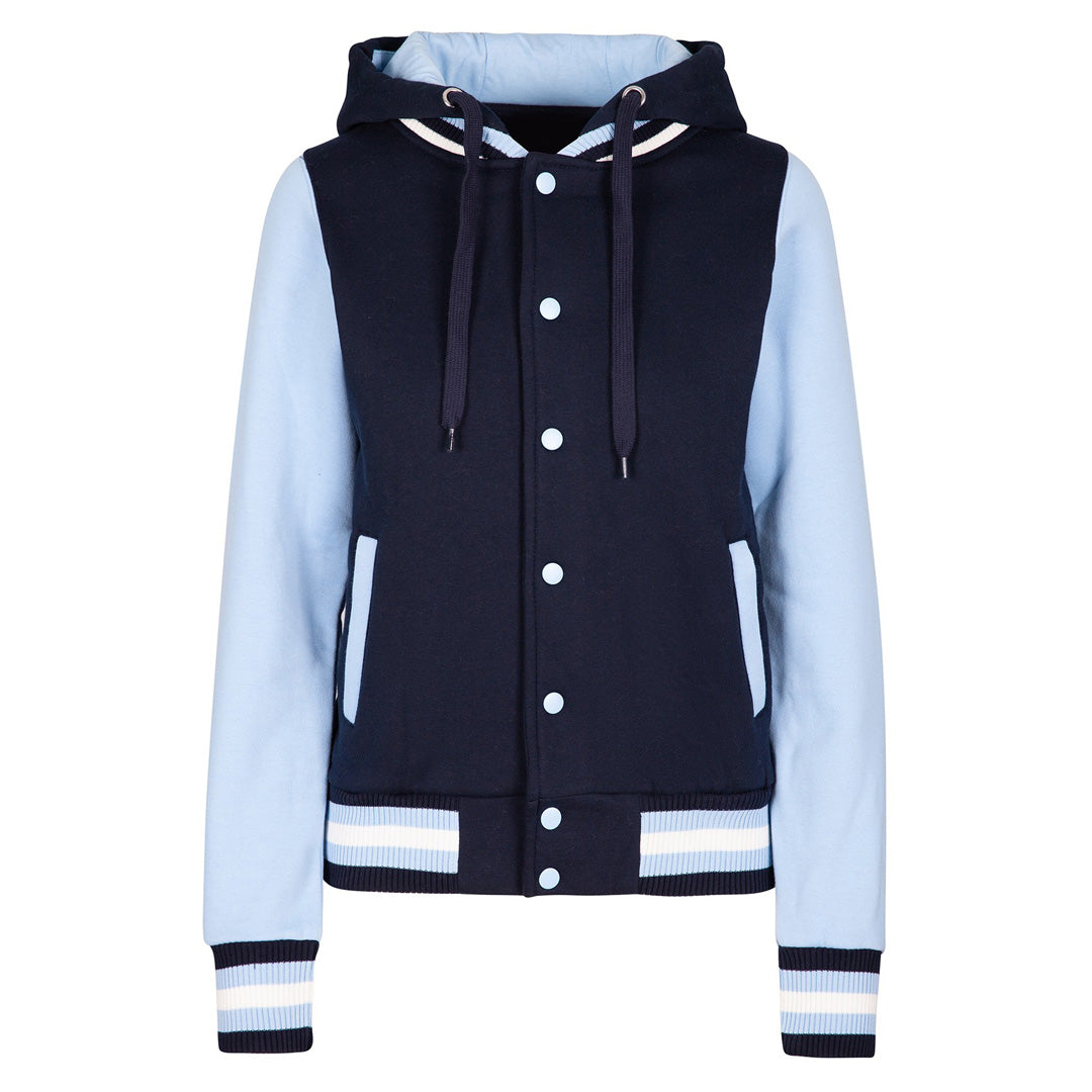 House of Uniforms The Hooded Varsity Jacket | Ladies Ramo Navy/Sky