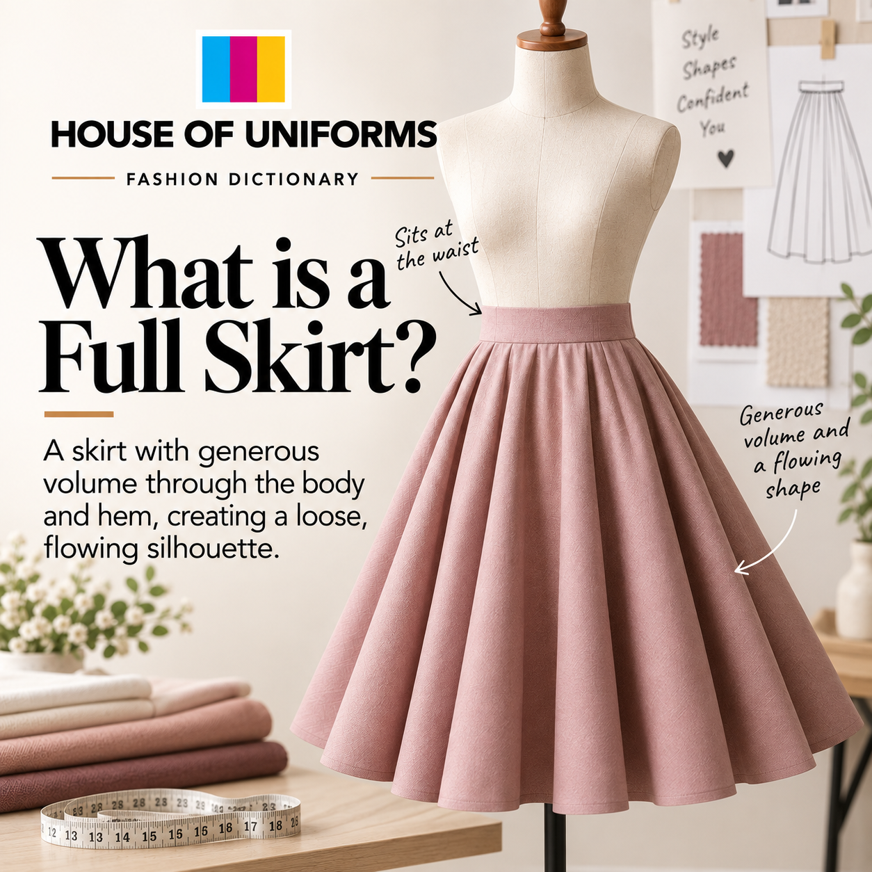 A full skirt is a skirt with generous volume through the body down to the hem