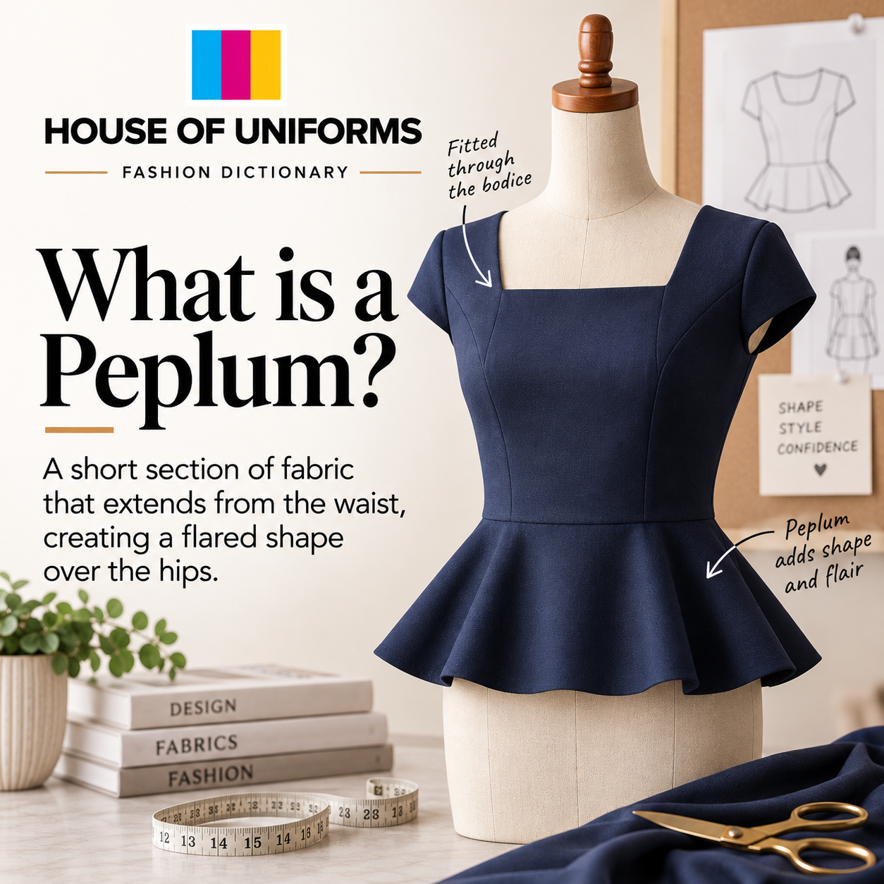 A peplum is a short section of fabric that extends from the waist creating a flared shape.