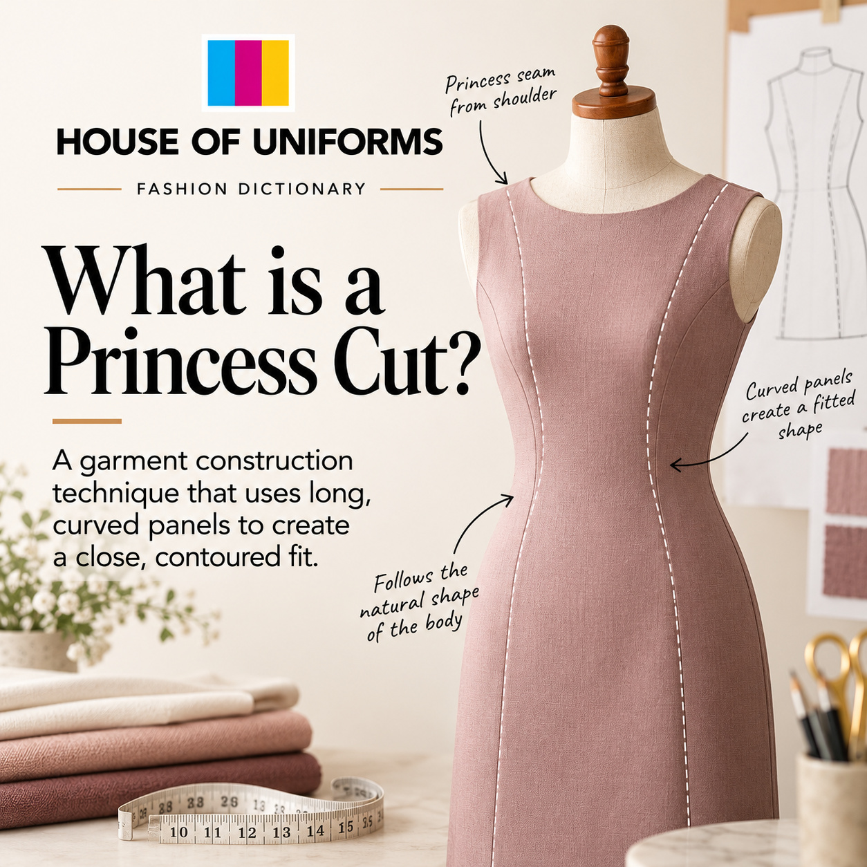Princess cut - a garment construction method that uses long curved panels to create a contoured fit
