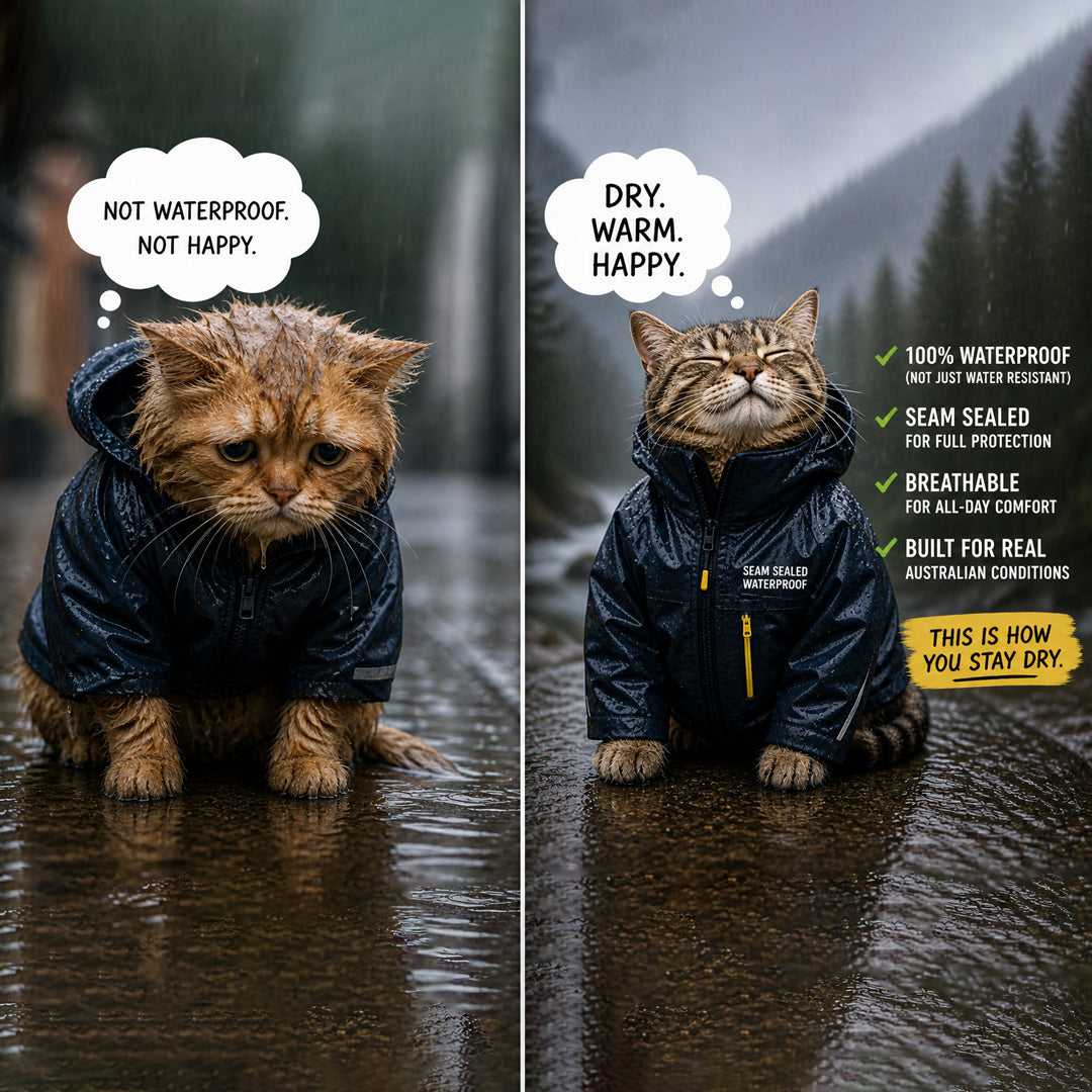 cat in rain wearing non waterproof jacket soaked wet example