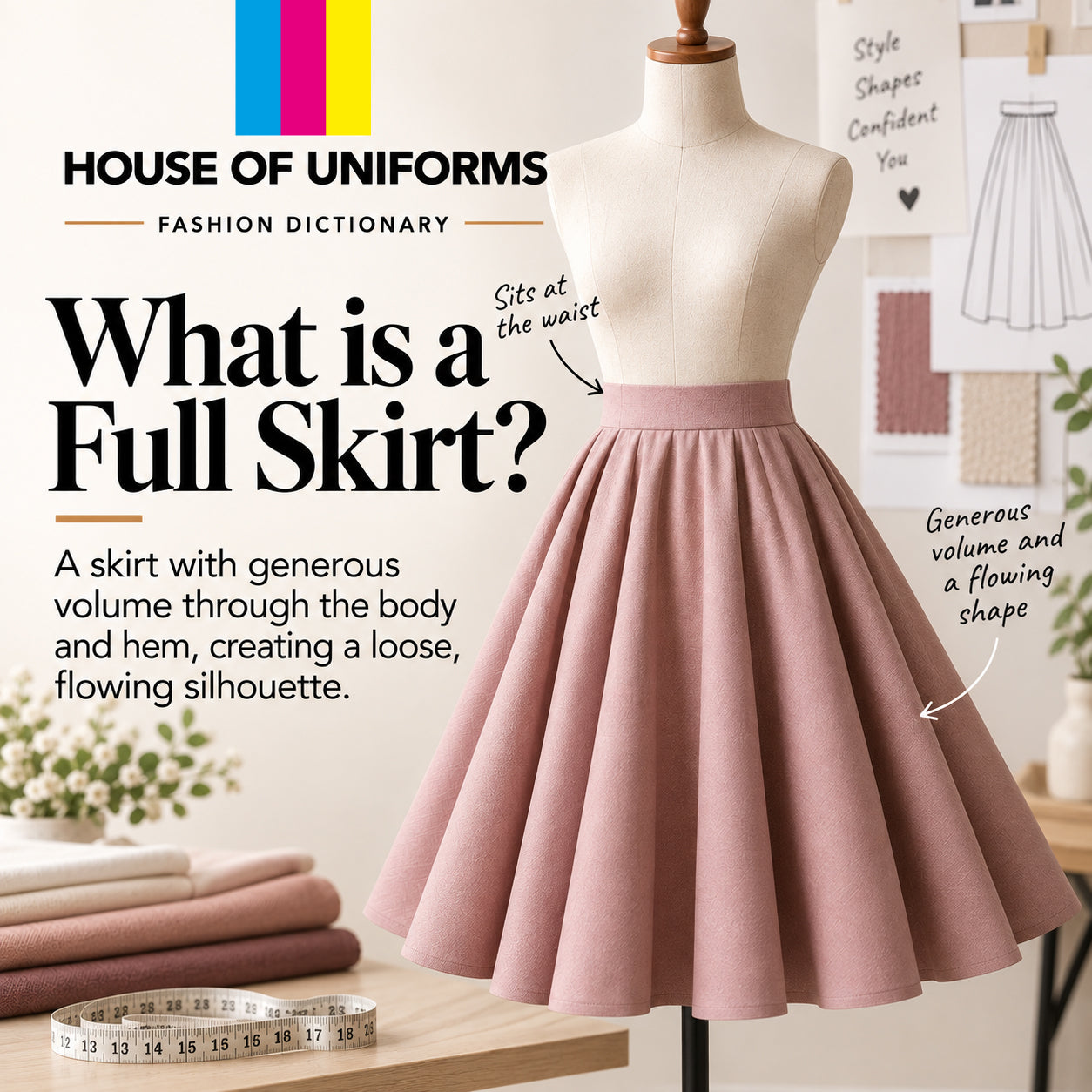 A full skirt is a skirt with generous volume through the body down to the hem