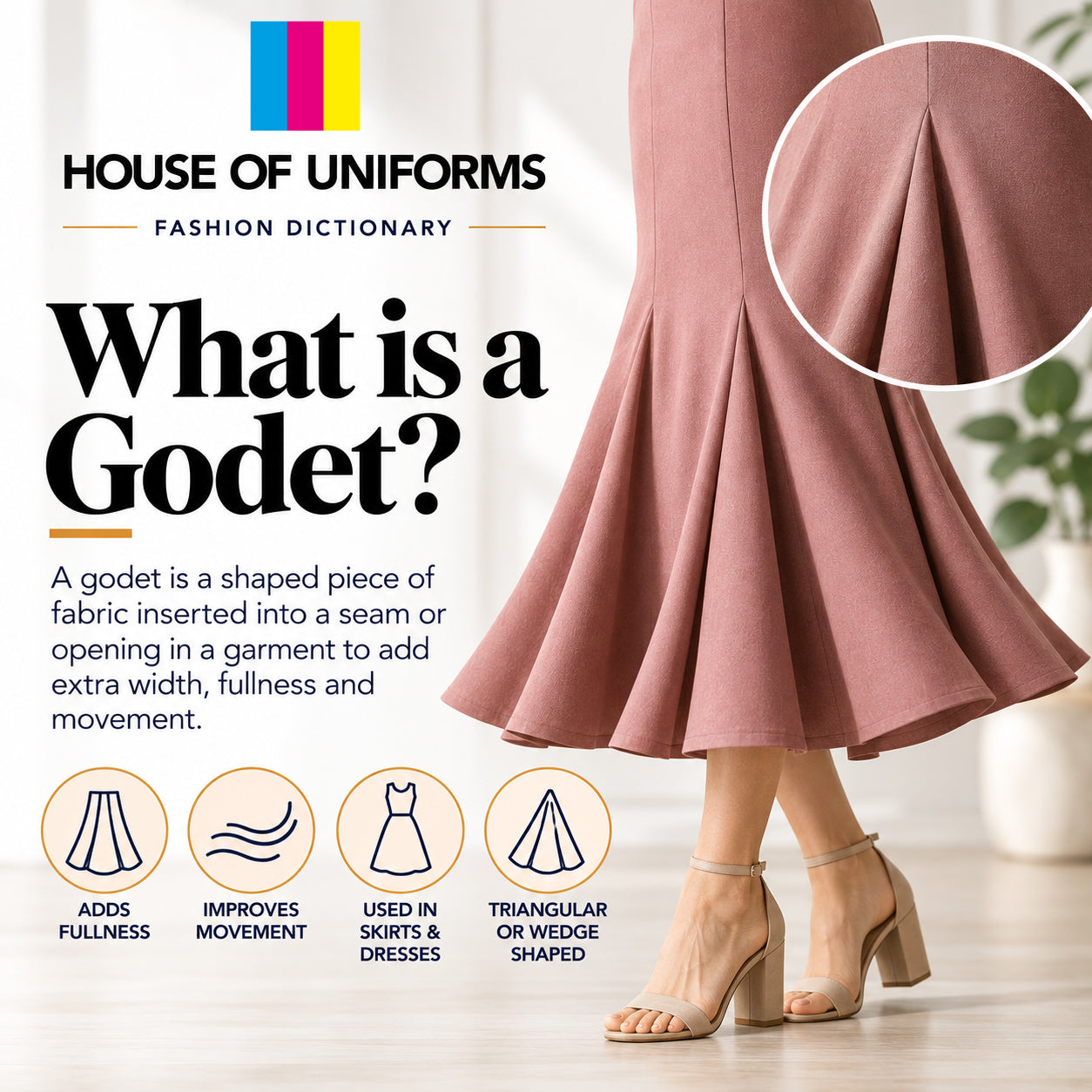 What is a godet? A godet is a shaped piece of fabric inserted into a seam or opening.
