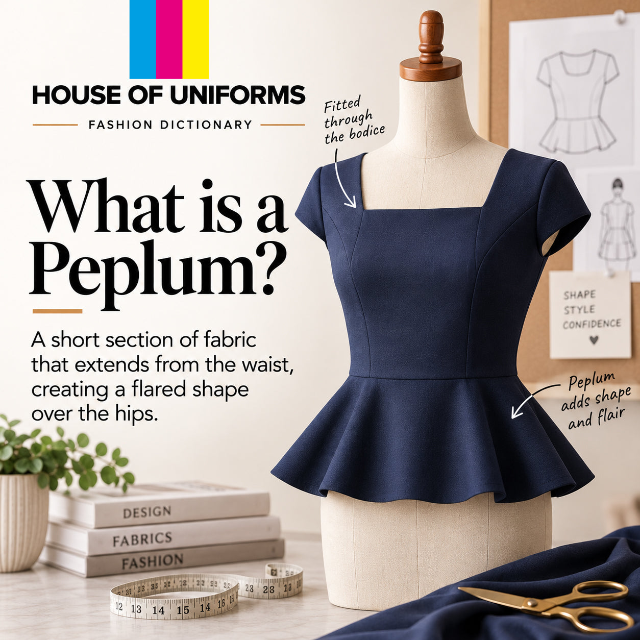 A peplum is a short section of fabric that extends from the waist creating a flared shape.