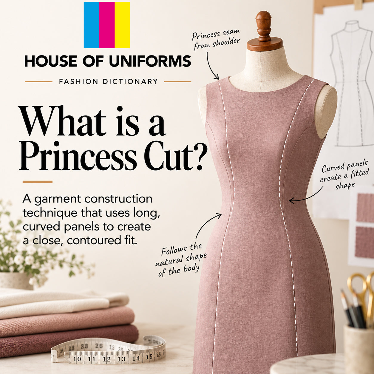 Princess cut - a garment construction method that uses long curved panels to create a contoured fit