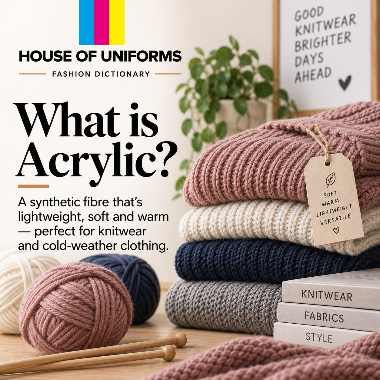 What is acrylic? A synthetic fibre that's lightweight, soft and warm.