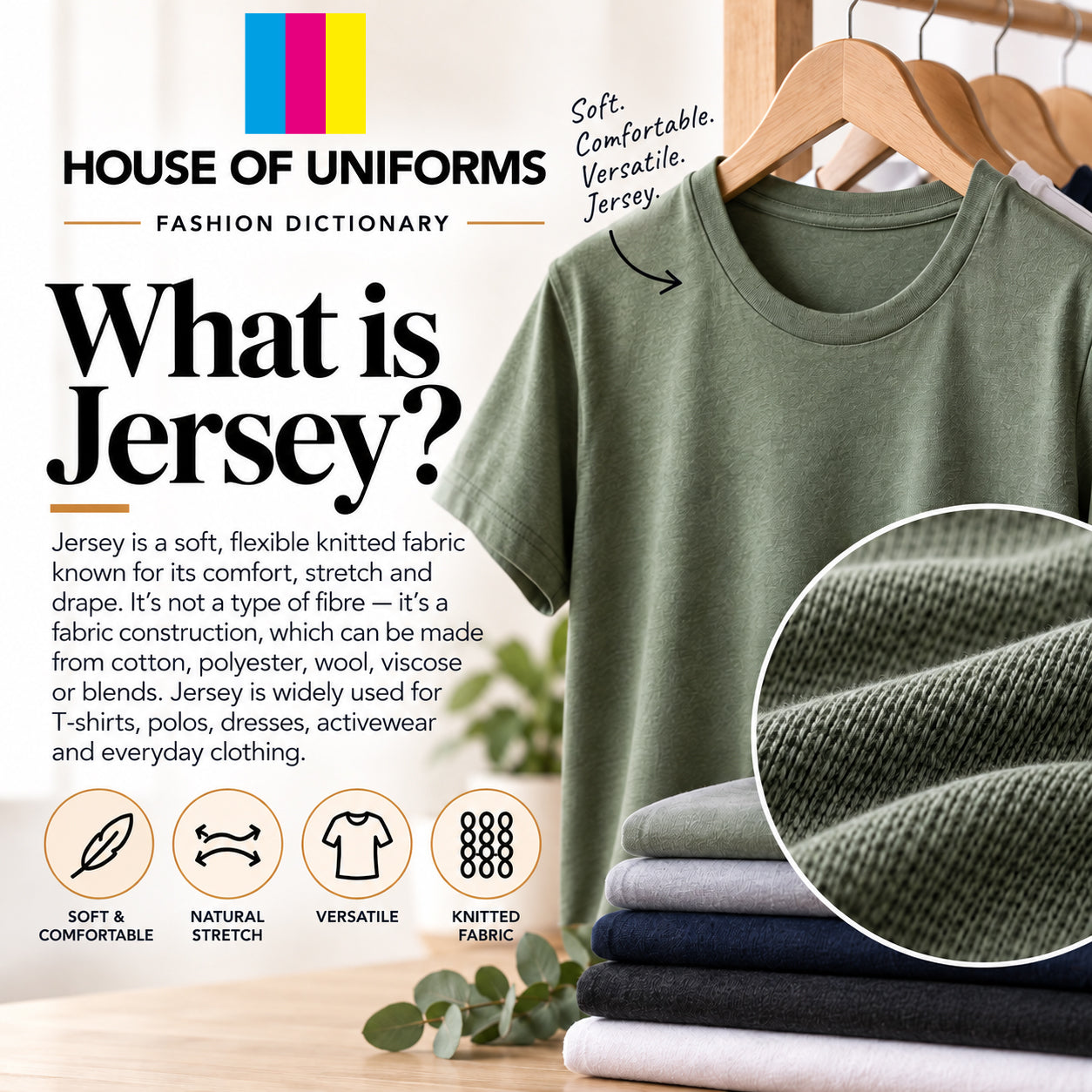 What is jersey? It's a soft, flexible knitted fabric known for it's comfort and stretch.