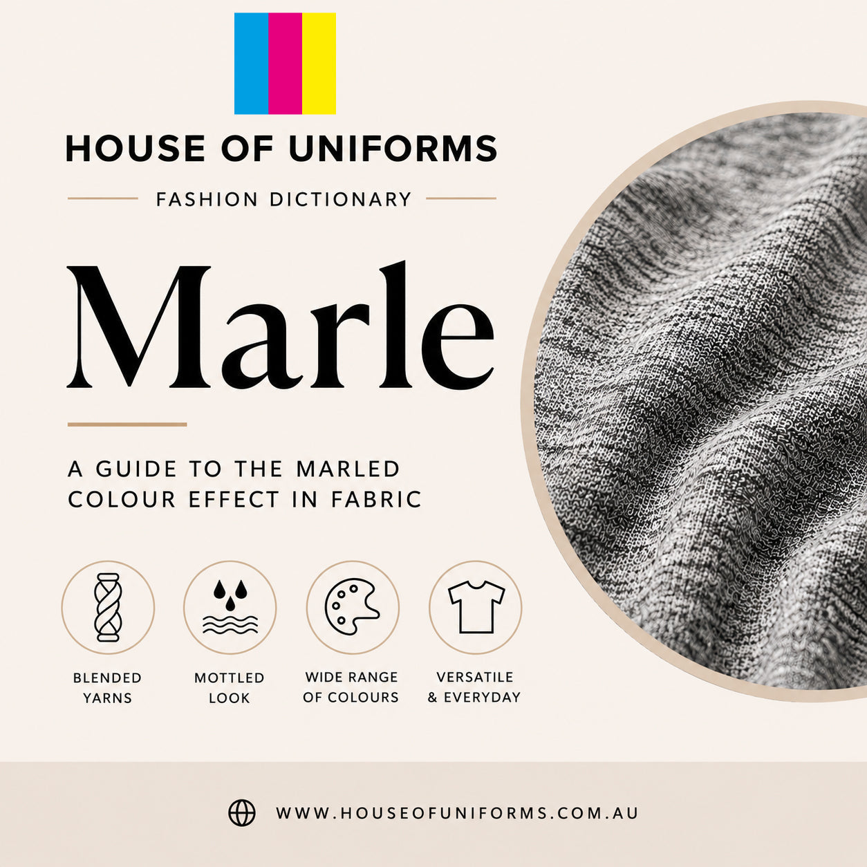 House of Uniforms Fashion Dictionary guide explaining what marle fabric is and how the marle colour effect is created.