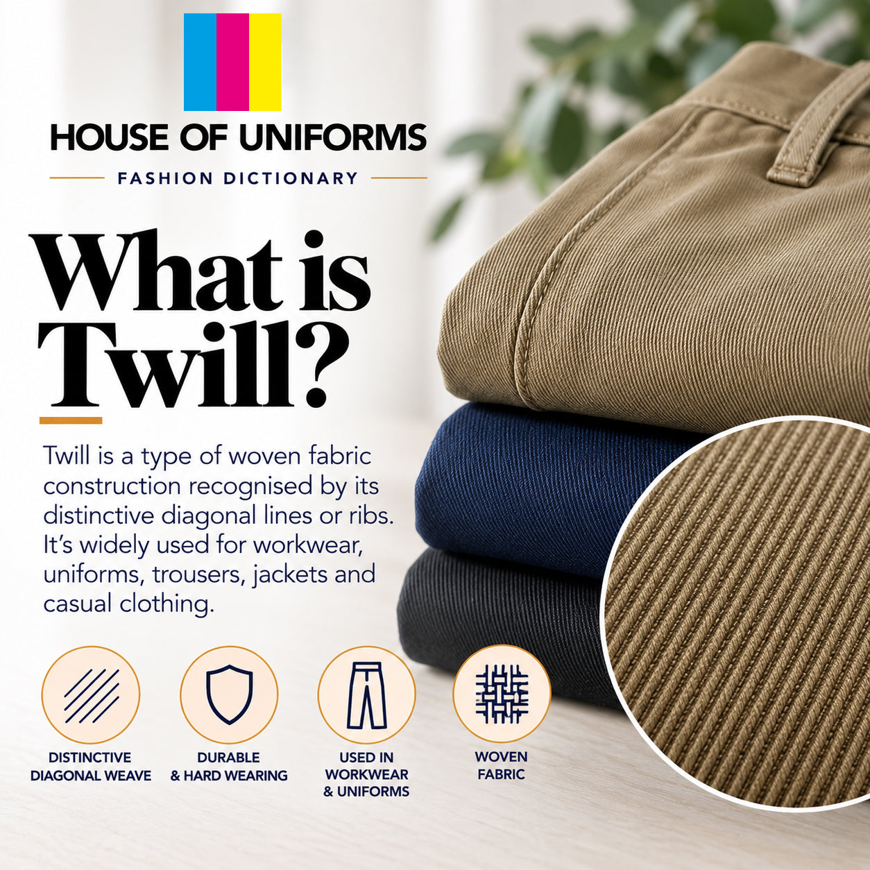 What is twill? Twill is a type of woven fabric.
