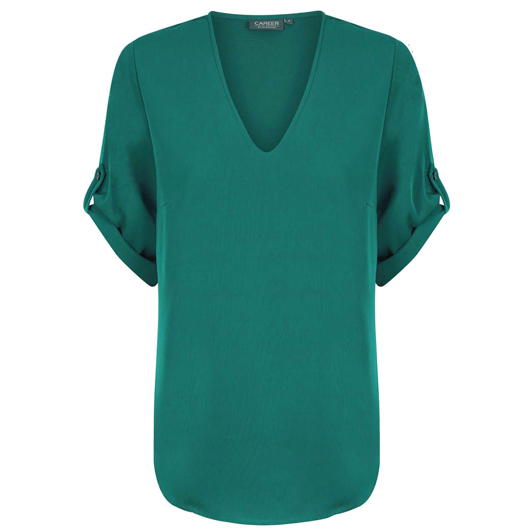 House of Uniforms The Reese V Neck Top | Ladies | Short Sleeve Gloweave Emerald Mid