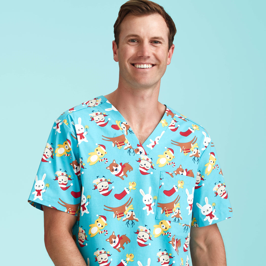 House of Uniforms The Christmas Scrub Top | Mens Biz Care Light Blue