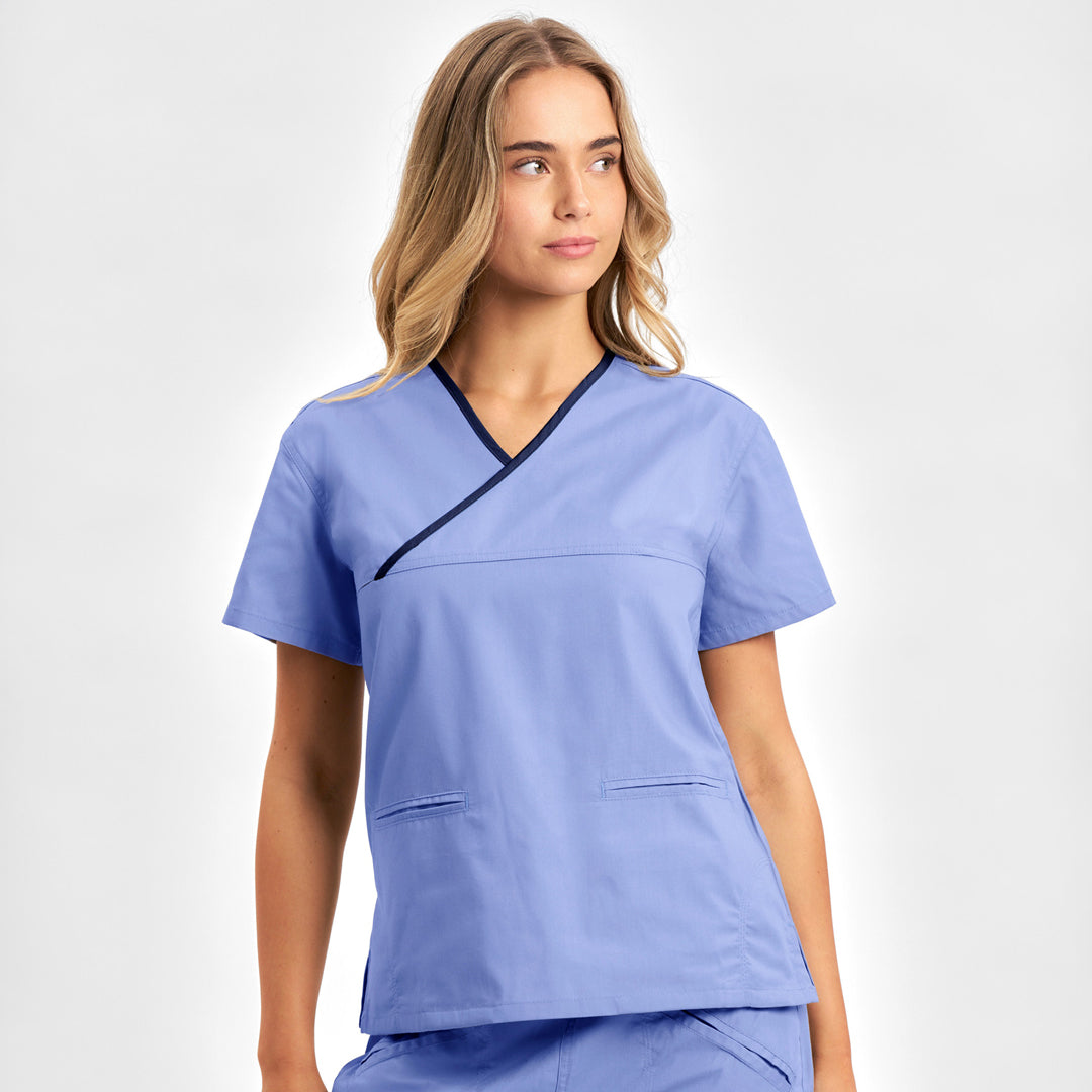 Biz Collection The Contrast Scrub Top | Ladies Mid Blue/Navy Scrubs