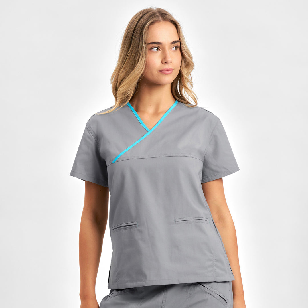 Biz Collection The Contrast Scrub Top | Ladies Pewter/Aqua Scrubs