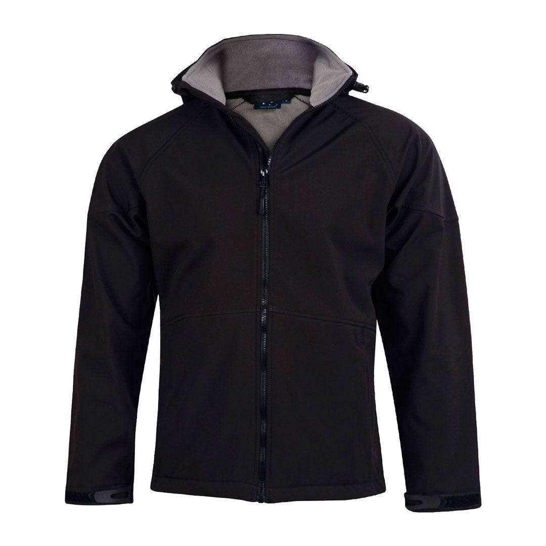House of Uniforms The Aspen Softshell Hooded Jacket | Mens Winning Spirit Black/Charcoal