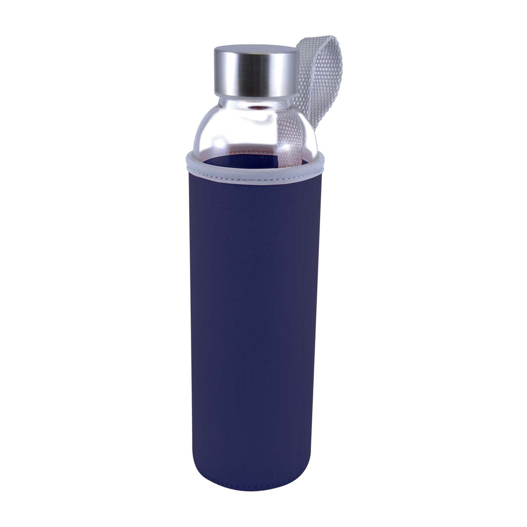 House of Uniforms The Capri Glass Drink Bottle with Neoprene Sleeve | 550ml Logo Line Dark Blue