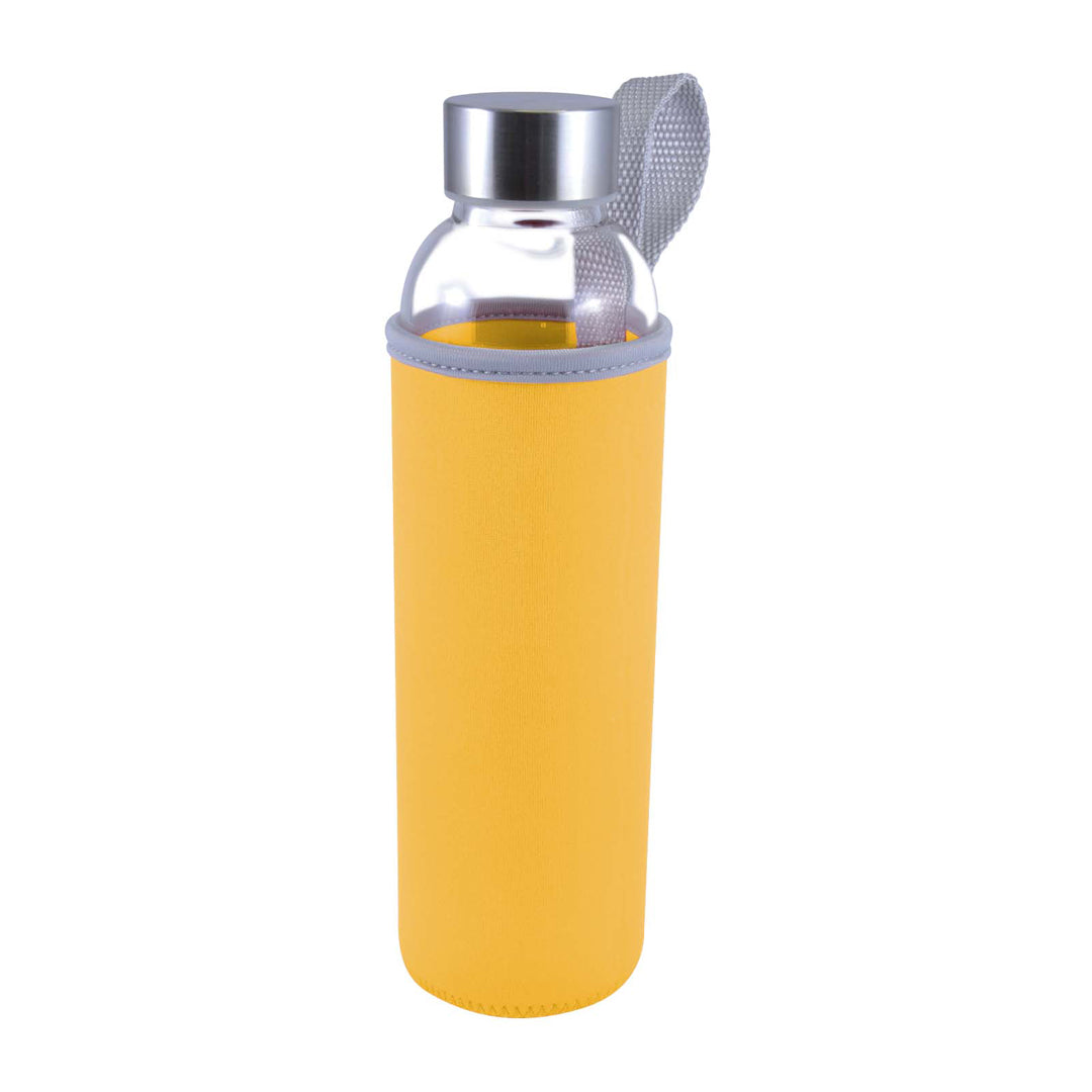 House of Uniforms The Capri Glass Drink Bottle with Neoprene Sleeve | 550ml Logo Line Yellow