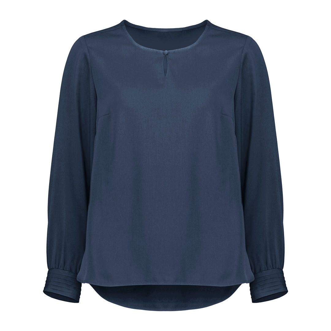 House of Uniforms The Evelyn Keyhole Blouse | Long Sleeve Biz Corporates Mineral Blue