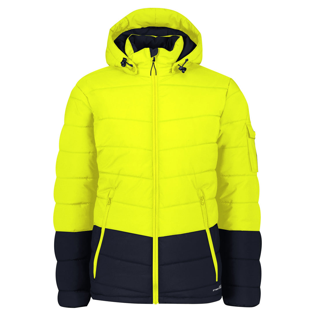 House of Uniforms The Hooded Puffer Jacket | Unisex Streetworx Yellow/Navy