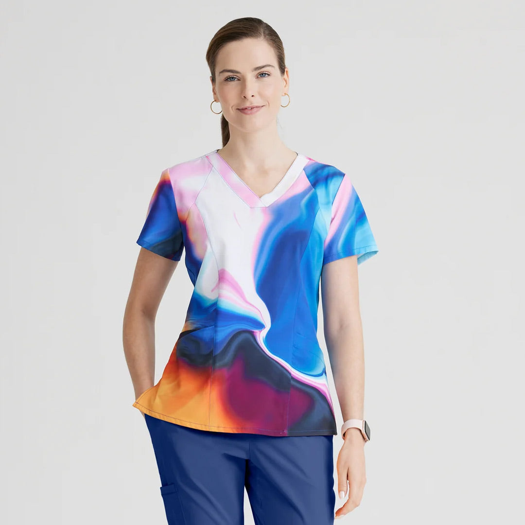 House of Uniforms The Barco One Printed Scrub Top | Ladies Barco One Skies