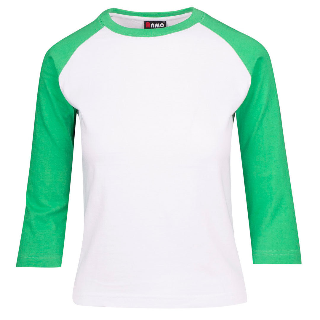 House of Uniforms The 3/4 Raglan Sleeve Tee | Ladies Ramo White/Emerald Green